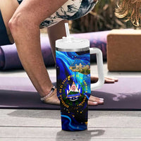 El Salvador Country Pride Tumbler With Handle Map Flag and National Emblem Art in Cosmic Blue - Wonder Print Shop
