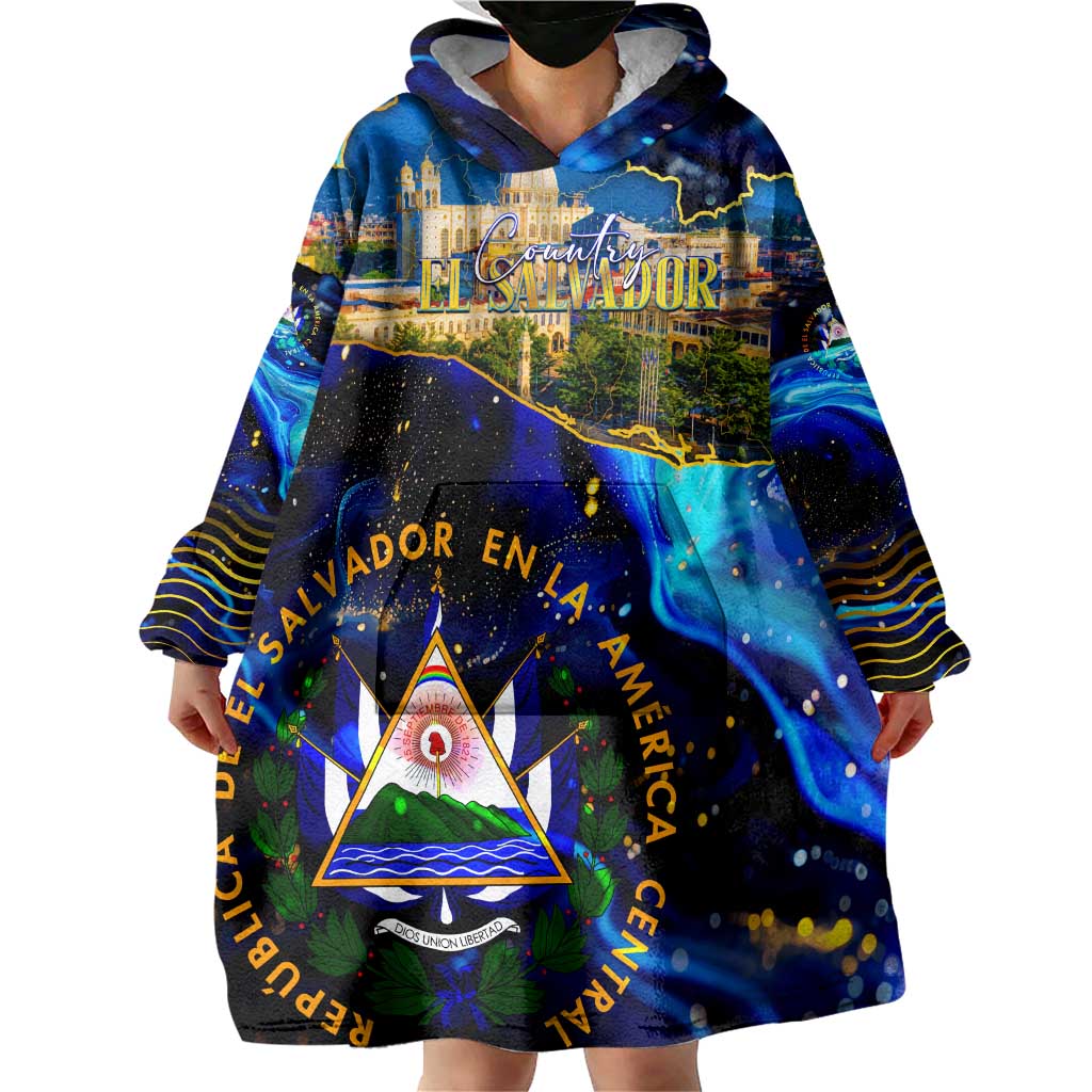 El Salvador Country Pride Wearable Blanket Hoodie Map Flag and National Emblem Art in Cosmic Blue - Wonder Print Shop