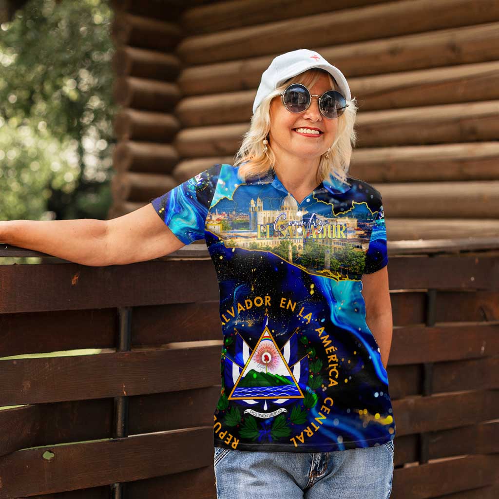 El Salvador Country Pride Women Polo Shirt Map Flag and National Emblem Art in Cosmic Blue - Wonder Print Shop