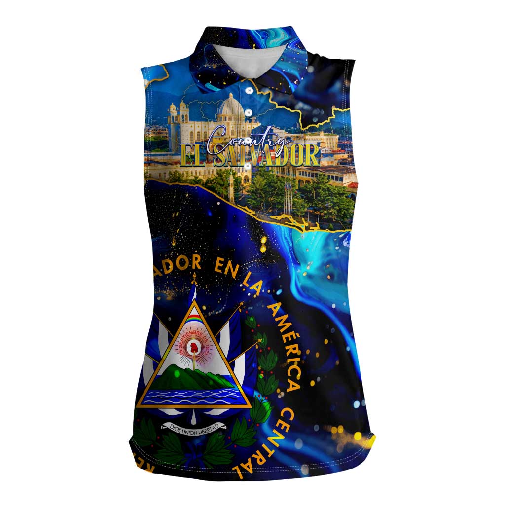 El Salvador Country Pride Women Sleeveless Polo Shirt Map Flag and National Emblem Art in Cosmic Blue - Wonder Print Shop