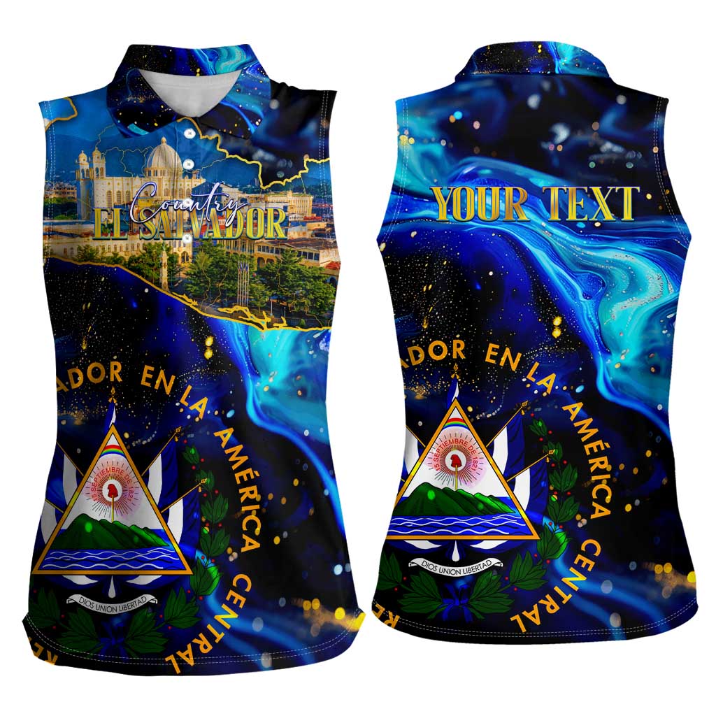 El Salvador Country Pride Women Sleeveless Polo Shirt Map Flag and National Emblem Art in Cosmic Blue - Wonder Print Shop