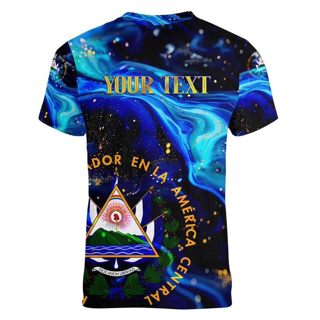 El Salvador Country Pride Women V-Neck T-Shirt Map Flag and National Emblem Art in Cosmic Blue - Wonder Print Shop