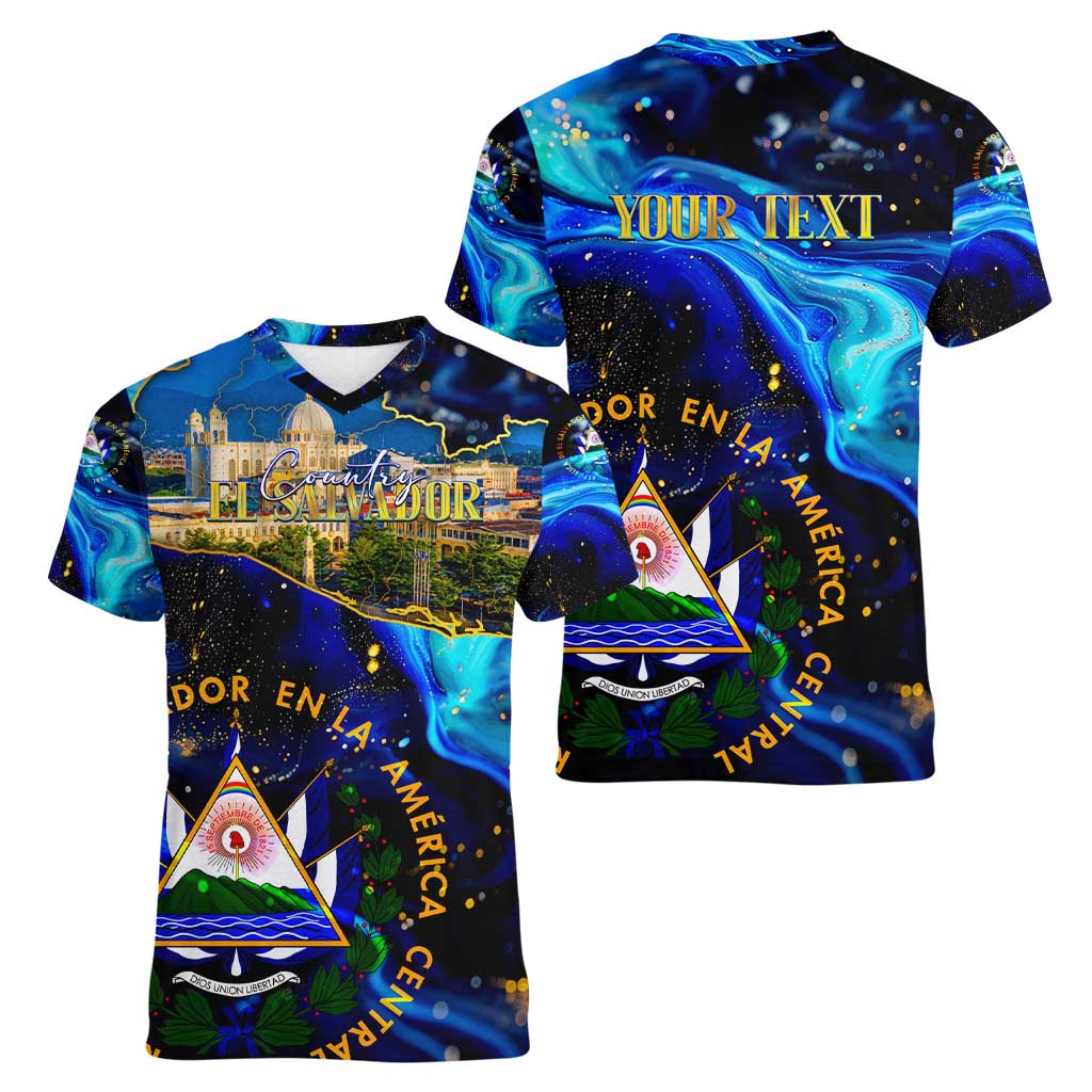 El Salvador Country Pride Women V-Neck T-Shirt Map Flag and National Emblem Art in Cosmic Blue - Wonder Print Shop