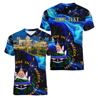 El Salvador Country Pride Women V-Neck T-Shirt Map Flag and National Emblem Art in Cosmic Blue - Wonder Print Shop