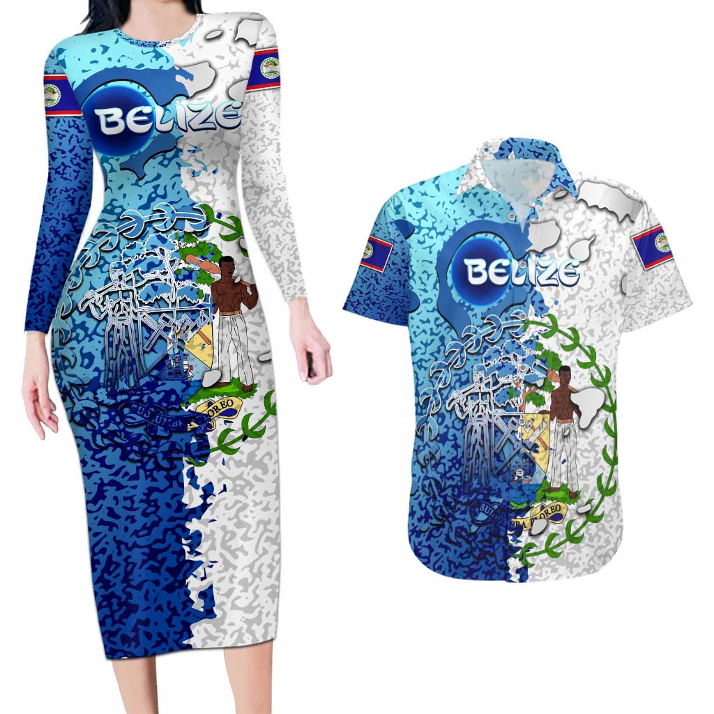 The Deep Heart Of Belize Couples Matching Long Sleeve Bodycon Dress and Hawaiian Shirt Belize Abstract Heritage Ocean Blue Splash Art - Wonder Print Shop
