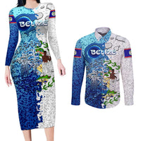 The Deep Heart Of Belize Couples Matching Long Sleeve Bodycon Dress and Long Sleeve Button Shirt Belize Abstract Heritage Ocean Blue Splash Art - Wonder Print Shop