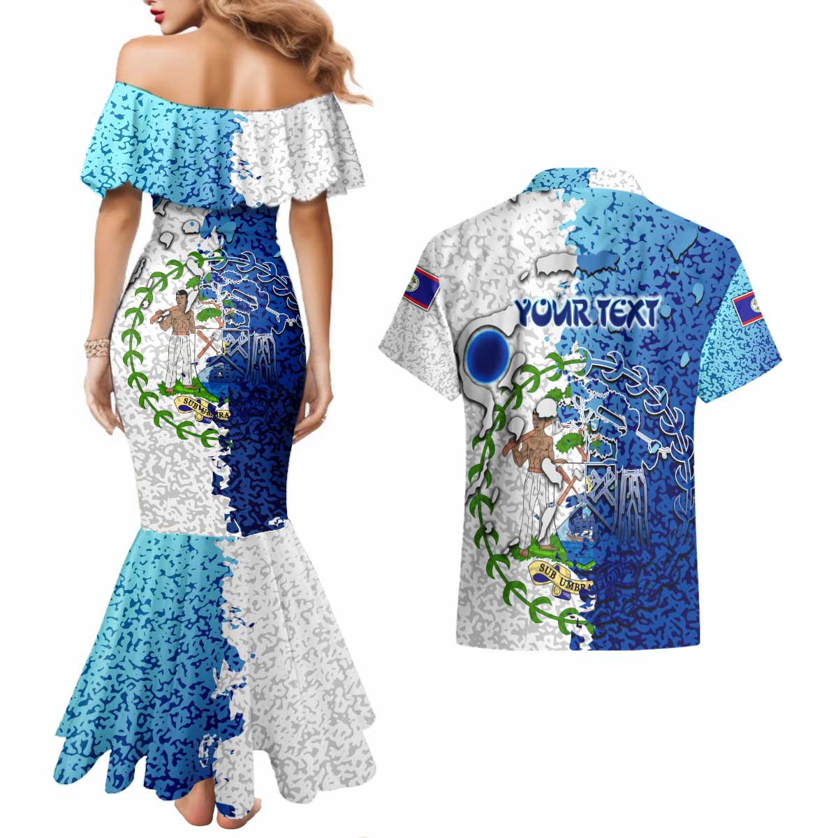 The Deep Heart Of Belize Couples Matching Mermaid Dress and Hawaiian Shirt Belize Abstract Heritage Ocean Blue Splash Art - Wonder Print Shop