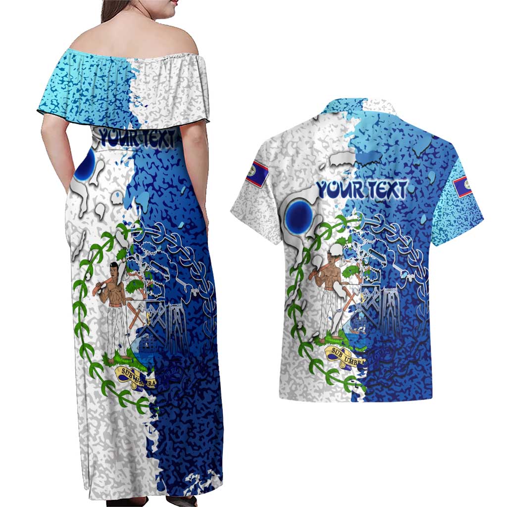 The Deep Heart Of Belize Couples Matching Off Shoulder Maxi Dress and Hawaiian Shirt Belize Abstract Heritage Ocean Blue Splash Art - Wonder Print Shop