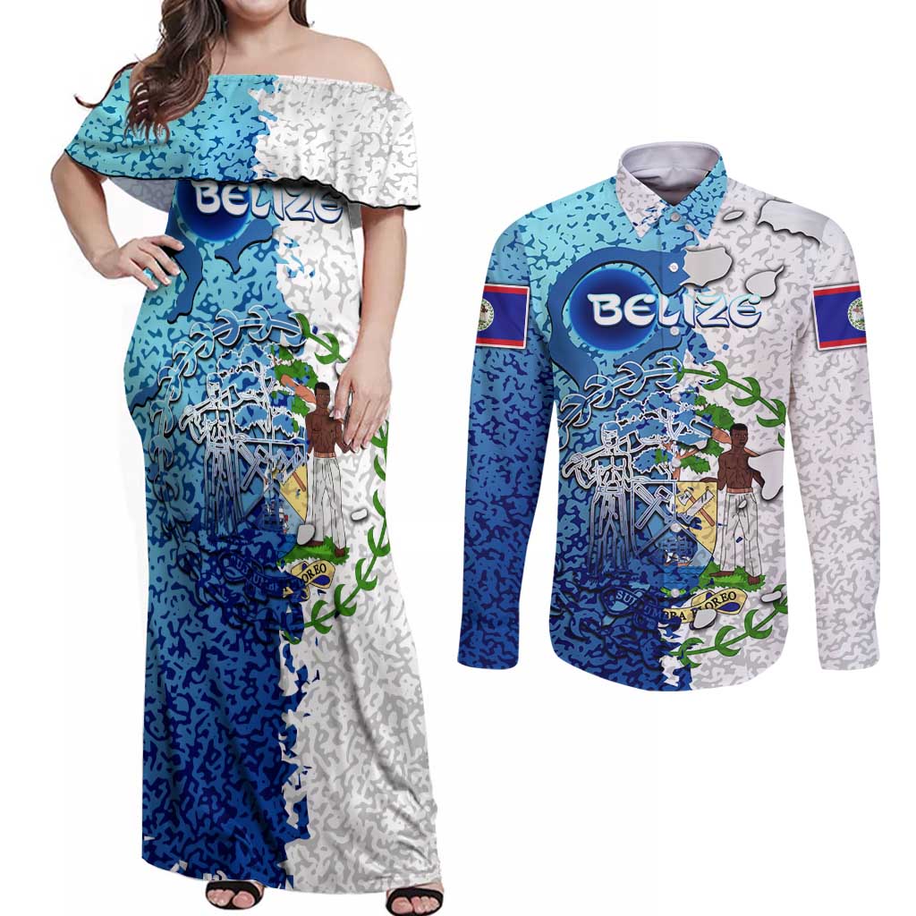 The Deep Heart Of Belize Couples Matching Off Shoulder Maxi Dress and Long Sleeve Button Shirt Belize Abstract Heritage Ocean Blue Splash Art - Wonder Print Shop