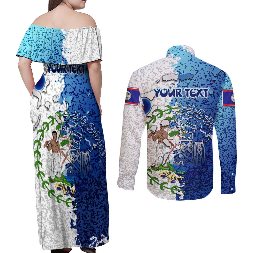 The Deep Heart Of Belize Couples Matching Off Shoulder Maxi Dress and Long Sleeve Button Shirt Belize Abstract Heritage Ocean Blue Splash Art - Wonder Print Shop