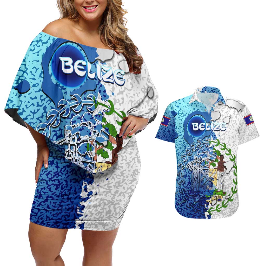 The Deep Heart Of Belize Couples Matching Off Shoulder Short Dress and Hawaiian Shirt Belize Abstract Heritage Ocean Blue Splash Art - Wonder Print Shop