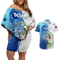 The Deep Heart Of Belize Couples Matching Off Shoulder Short Dress and Hawaiian Shirt Belize Abstract Heritage Ocean Blue Splash Art - Wonder Print Shop