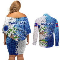 The Deep Heart Of Belize Couples Matching Off Shoulder Short Dress and Long Sleeve Button Shirt Belize Abstract Heritage Ocean Blue Splash Art - Wonder Print Shop