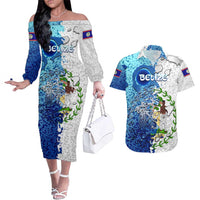 The Deep Heart Of Belize Couples Matching Off The Shoulder Long Sleeve Dress and Hawaiian Shirt Belize Abstract Heritage Ocean Blue Splash Art - Wonder Print Shop