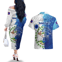 The Deep Heart Of Belize Couples Matching Off The Shoulder Long Sleeve Dress and Hawaiian Shirt Belize Abstract Heritage Ocean Blue Splash Art - Wonder Print Shop