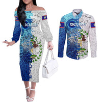 The Deep Heart Of Belize Couples Matching Off The Shoulder Long Sleeve Dress and Long Sleeve Button Shirt Belize Abstract Heritage Ocean Blue Splash Art - Wonder Print Shop