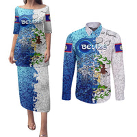 The Deep Heart Of Belize Couples Matching Puletasi and Long Sleeve Button Shirt Belize Abstract Heritage Ocean Blue Splash Art - Wonder Print Shop