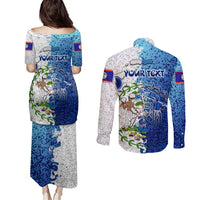 The Deep Heart Of Belize Couples Matching Puletasi and Long Sleeve Button Shirt Belize Abstract Heritage Ocean Blue Splash Art - Wonder Print Shop