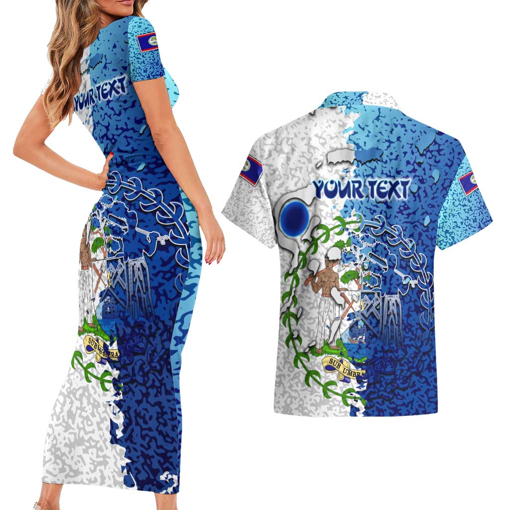 The Deep Heart Of Belize Couples Matching Short Sleeve Bodycon Dress and Hawaiian Shirt Belize Abstract Heritage Ocean Blue Splash Art - Wonder Print Shop