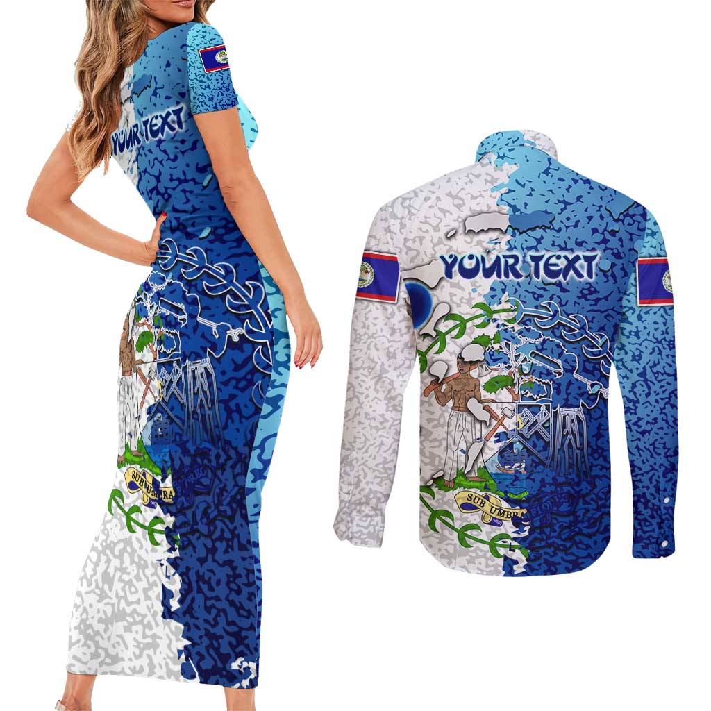 The Deep Heart Of Belize Couples Matching Short Sleeve Bodycon Dress and Long Sleeve Button Shirt Belize Abstract Heritage Ocean Blue Splash Art - Wonder Print Shop