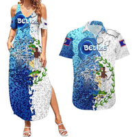 The Deep Heart Of Belize Couples Matching Summer Maxi Dress and Hawaiian Shirt Belize Abstract Heritage Ocean Blue Splash Art - Wonder Print Shop
