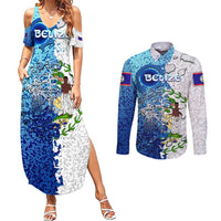 The Deep Heart Of Belize Couples Matching Summer Maxi Dress and Long Sleeve Button Shirt Belize Abstract Heritage Ocean Blue Splash Art - Wonder Print Shop