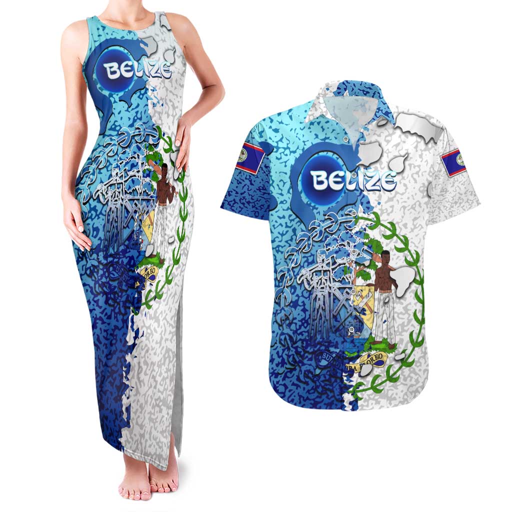 The Deep Heart Of Belize Couples Matching Tank Maxi Dress and Hawaiian Shirt Belize Abstract Heritage Ocean Blue Splash Art - Wonder Print Shop