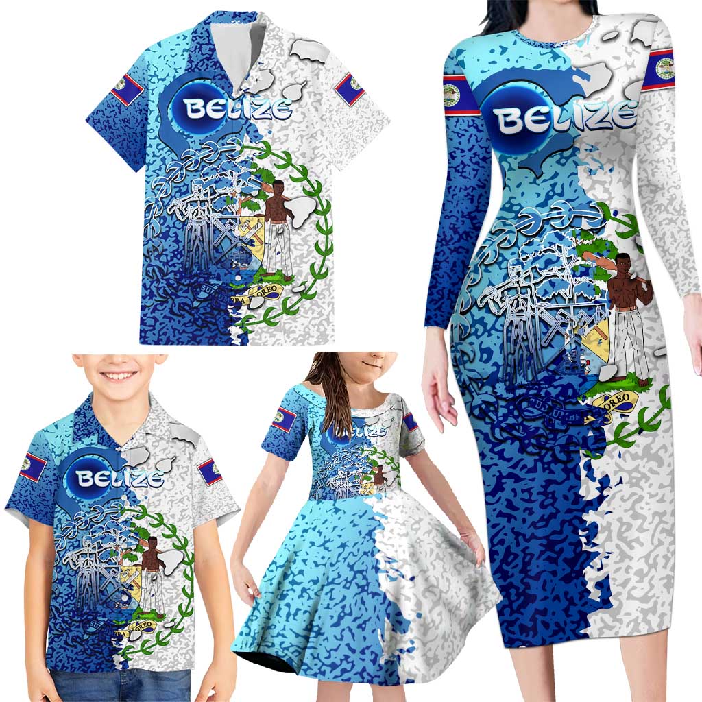 The Deep Heart Of Belize Family Matching Long Sleeve Bodycon Dress and Hawaiian Shirt Belize Abstract Heritage Ocean Blue Splash Art - Wonder Print Shop