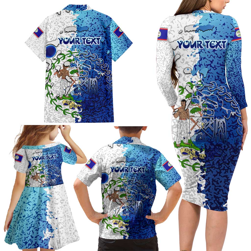 The Deep Heart Of Belize Family Matching Long Sleeve Bodycon Dress and Hawaiian Shirt Belize Abstract Heritage Ocean Blue Splash Art - Wonder Print Shop