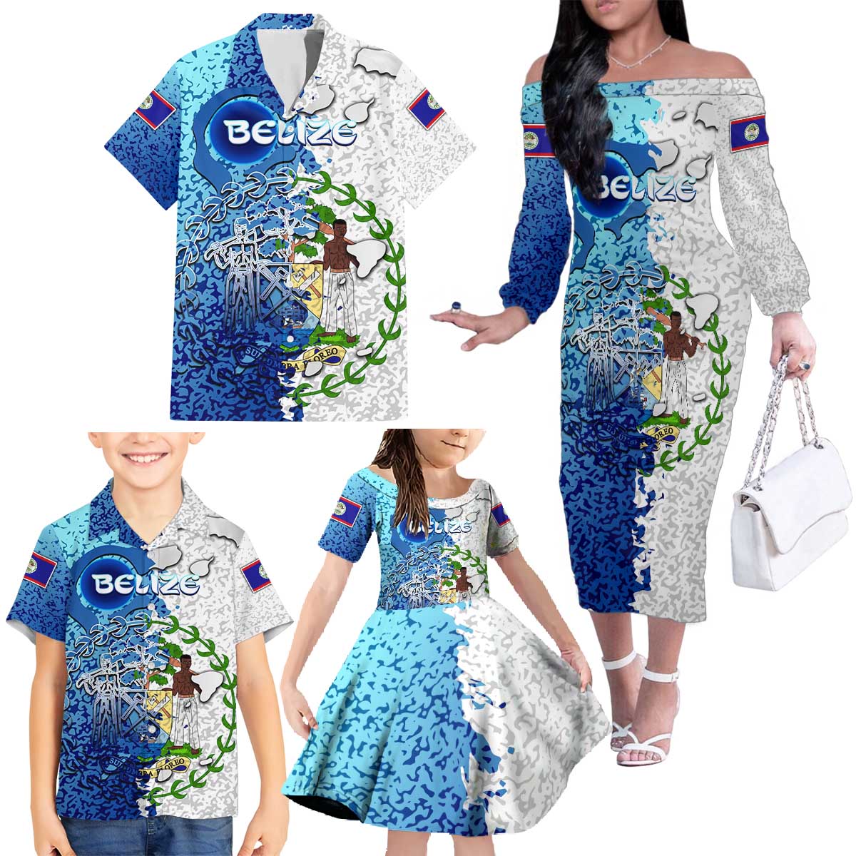 The Deep Heart Of Belize Family Matching Off The Shoulder Long Sleeve Dress and Hawaiian Shirt Belize Abstract Heritage Ocean Blue Splash Art - Wonder Print Shop