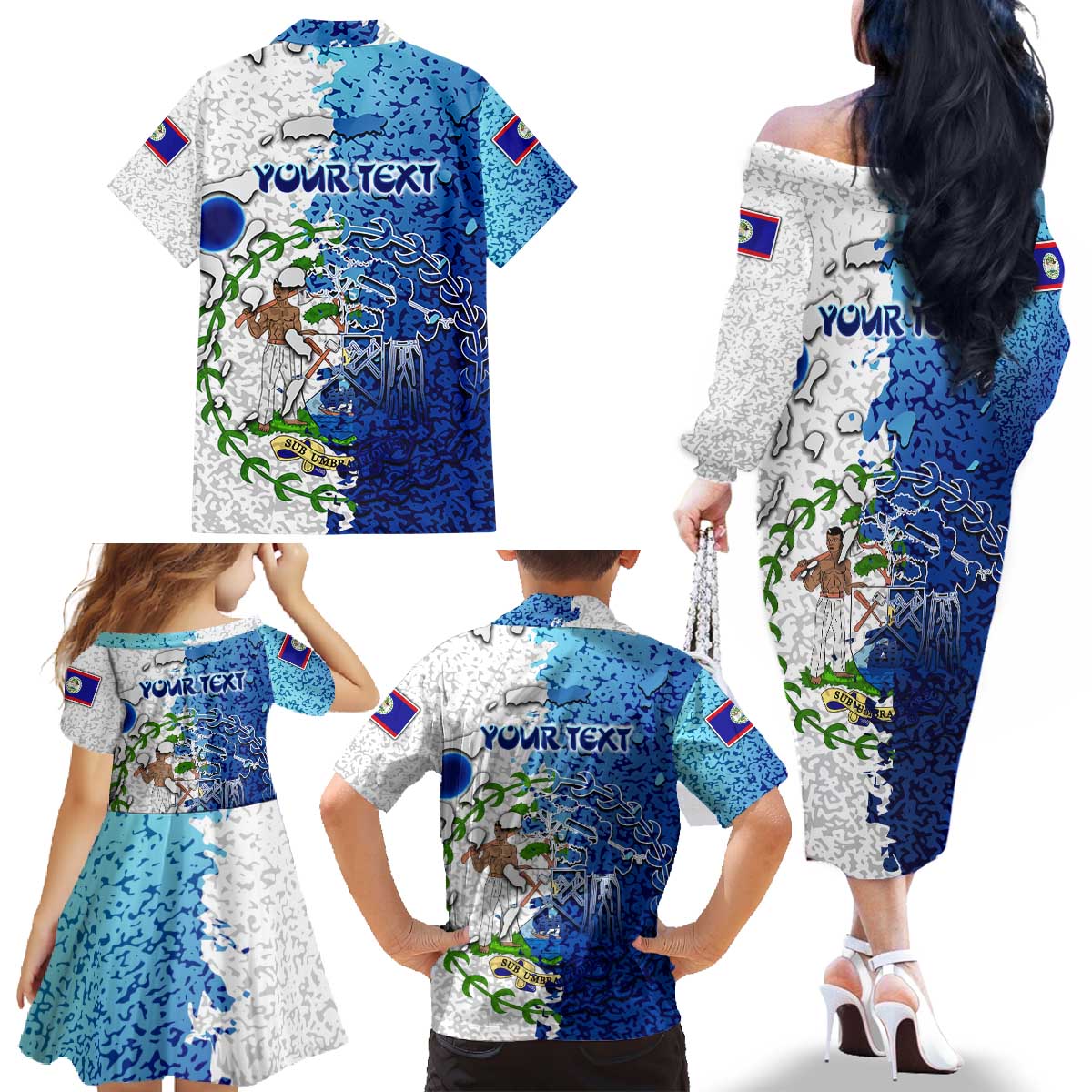 The Deep Heart Of Belize Family Matching Off The Shoulder Long Sleeve Dress and Hawaiian Shirt Belize Abstract Heritage Ocean Blue Splash Art - Wonder Print Shop