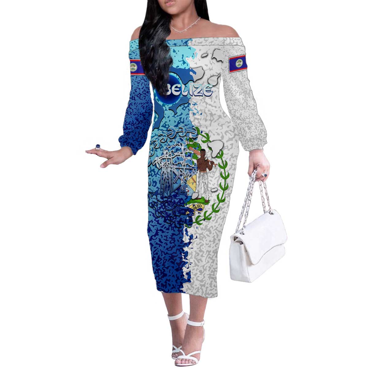 The Deep Heart Of Belize Family Matching Off The Shoulder Long Sleeve Dress and Hawaiian Shirt Belize Abstract Heritage Ocean Blue Splash Art - Wonder Print Shop