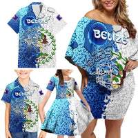 The Deep Heart Of Belize Family Matching Off Shoulder Short Dress and Hawaiian Shirt Belize Abstract Heritage Ocean Blue Splash Art - Wonder Print Shop