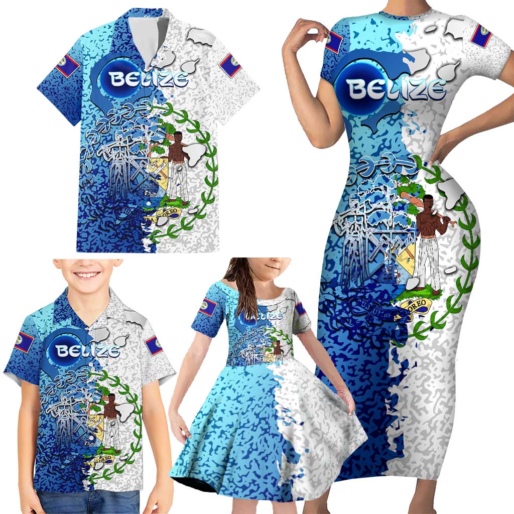 The Deep Heart Of Belize Family Matching Short Sleeve Bodycon Dress and Hawaiian Shirt Belize Abstract Heritage Ocean Blue Splash Art - Wonder Print Shop