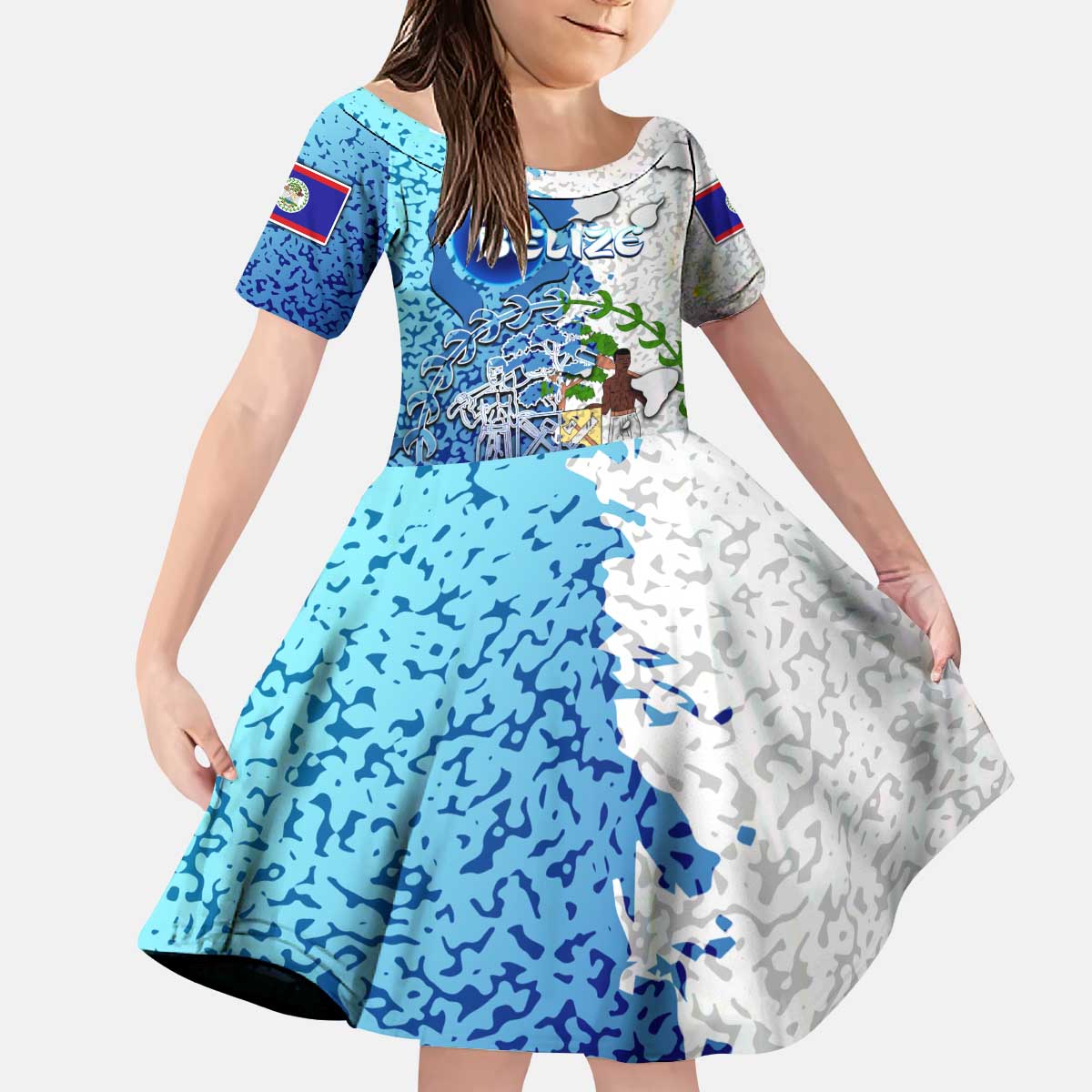 The Deep Heart Of Belize Kid Short Sleeve Dress Belize Abstract Heritage Ocean Blue Splash Art - Wonder Print Shop