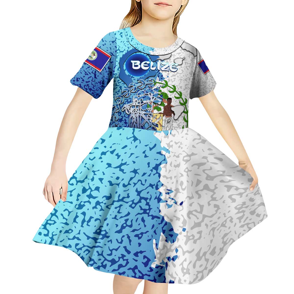 The Deep Heart Of Belize Kid Short Sleeve Dress Belize Abstract Heritage Ocean Blue Splash Art - Wonder Print Shop