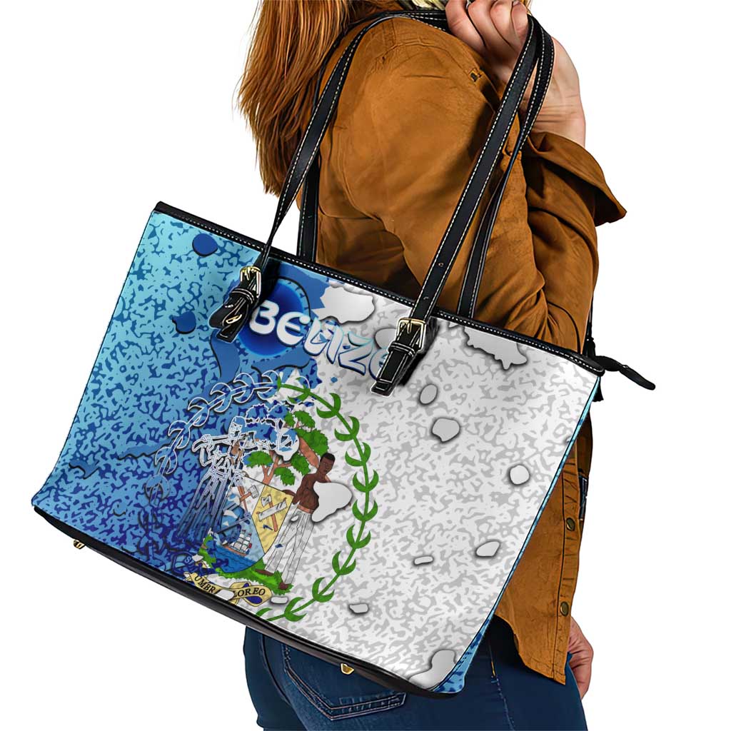 The Deep Heart Of Belize Leather Tote Bag Belize Abstract Heritage Ocean Blue Splash Art - Wonder Print Shop
