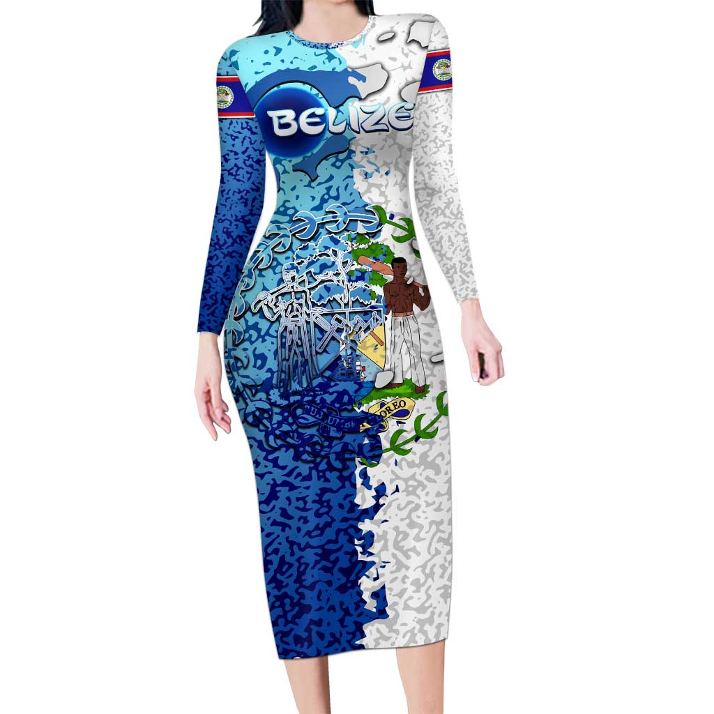 The Deep Heart Of Belize Long Sleeve Bodycon Dress Belize Abstract Heritage Ocean Blue Splash Art - Wonder Print Shop