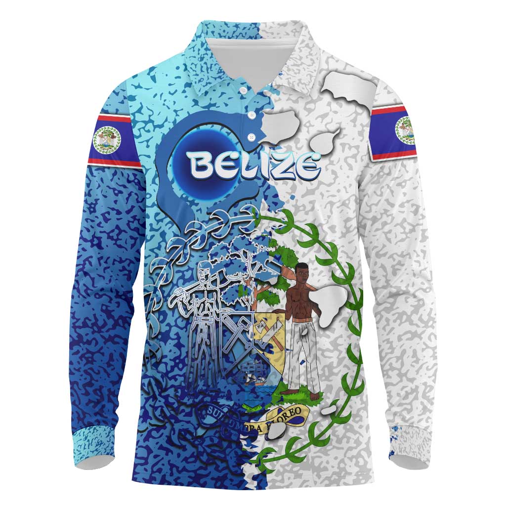 The Deep Heart Of Belize Long Sleeve Polo Shirt Belize Abstract Heritage Ocean Blue Splash Art - Wonder Print Shop