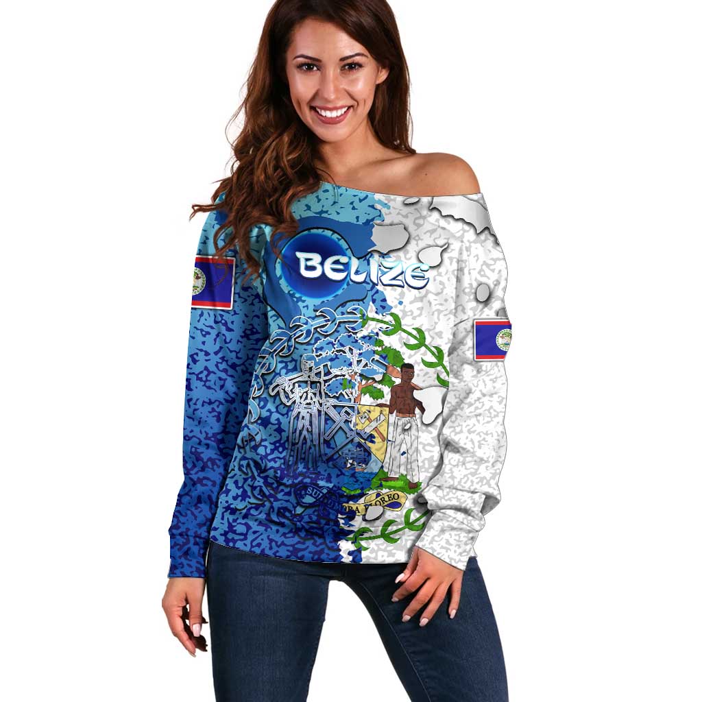 The Deep Heart Of Belize Off Shoulder Sweater Belize Abstract Heritage Ocean Blue Splash Art - Wonder Print Shop
