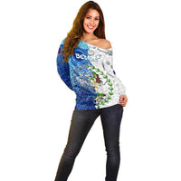 The Deep Heart Of Belize Off Shoulder Sweater Belize Abstract Heritage Ocean Blue Splash Art - Wonder Print Shop