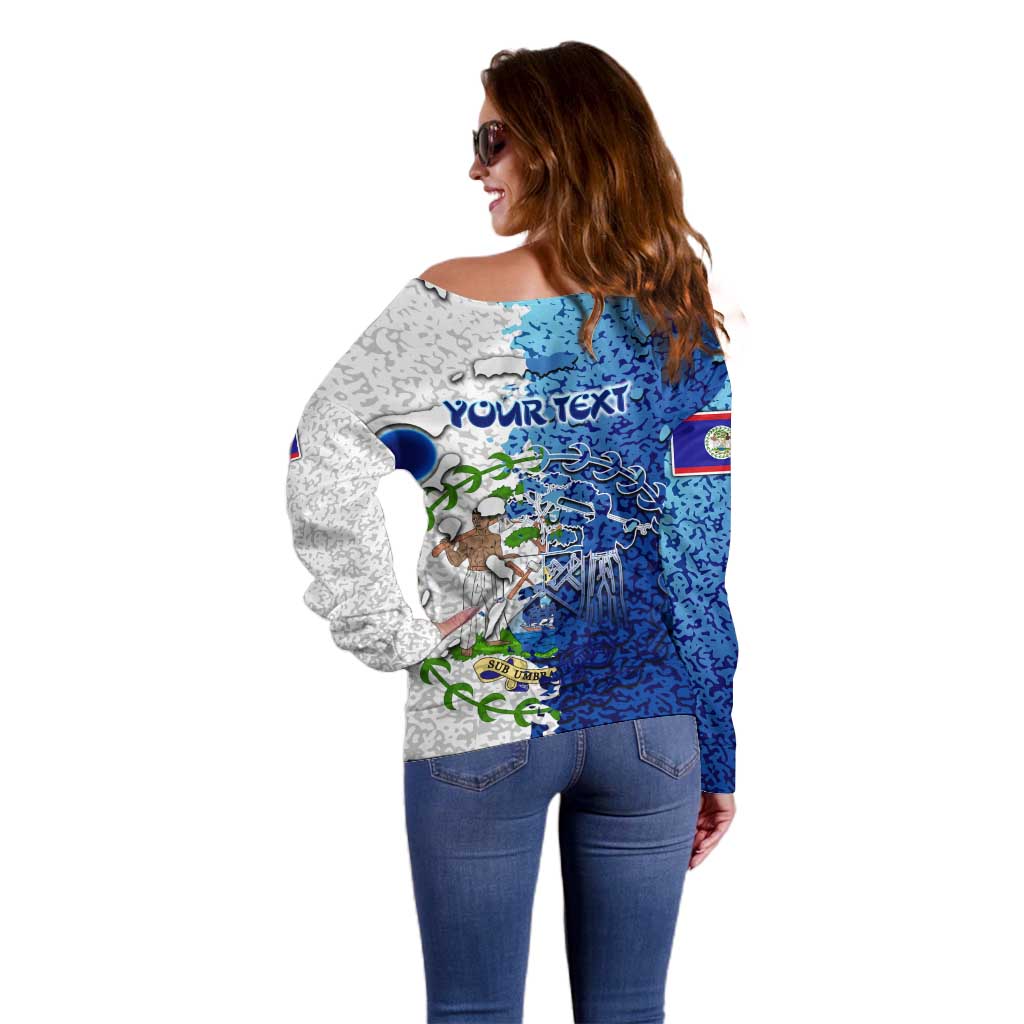 The Deep Heart Of Belize Off Shoulder Sweater Belize Abstract Heritage Ocean Blue Splash Art - Wonder Print Shop