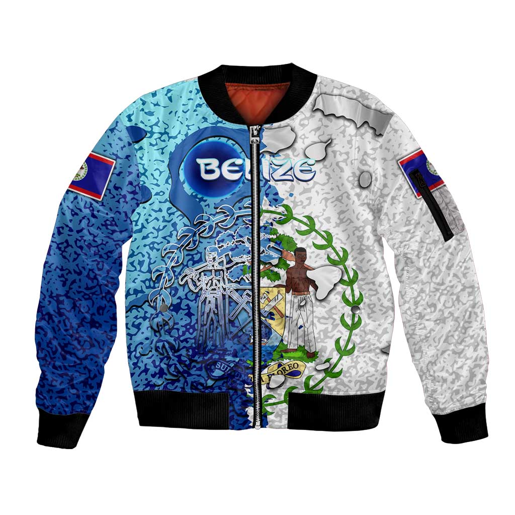 The Deep Heart Of Belize Sleeve Zip Bomber Jacket Belize Abstract Heritage Ocean Blue Splash Art - Wonder Print Shop