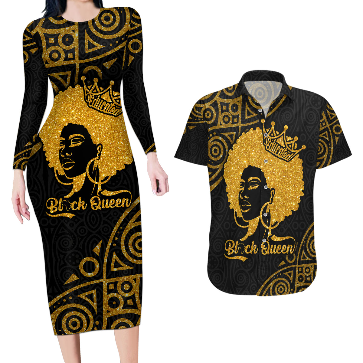 Educated Black Queen Couples Matching Long Sleeve Bodycon Dress and Hawaiian Shirt African Women - Wonder Print Shop