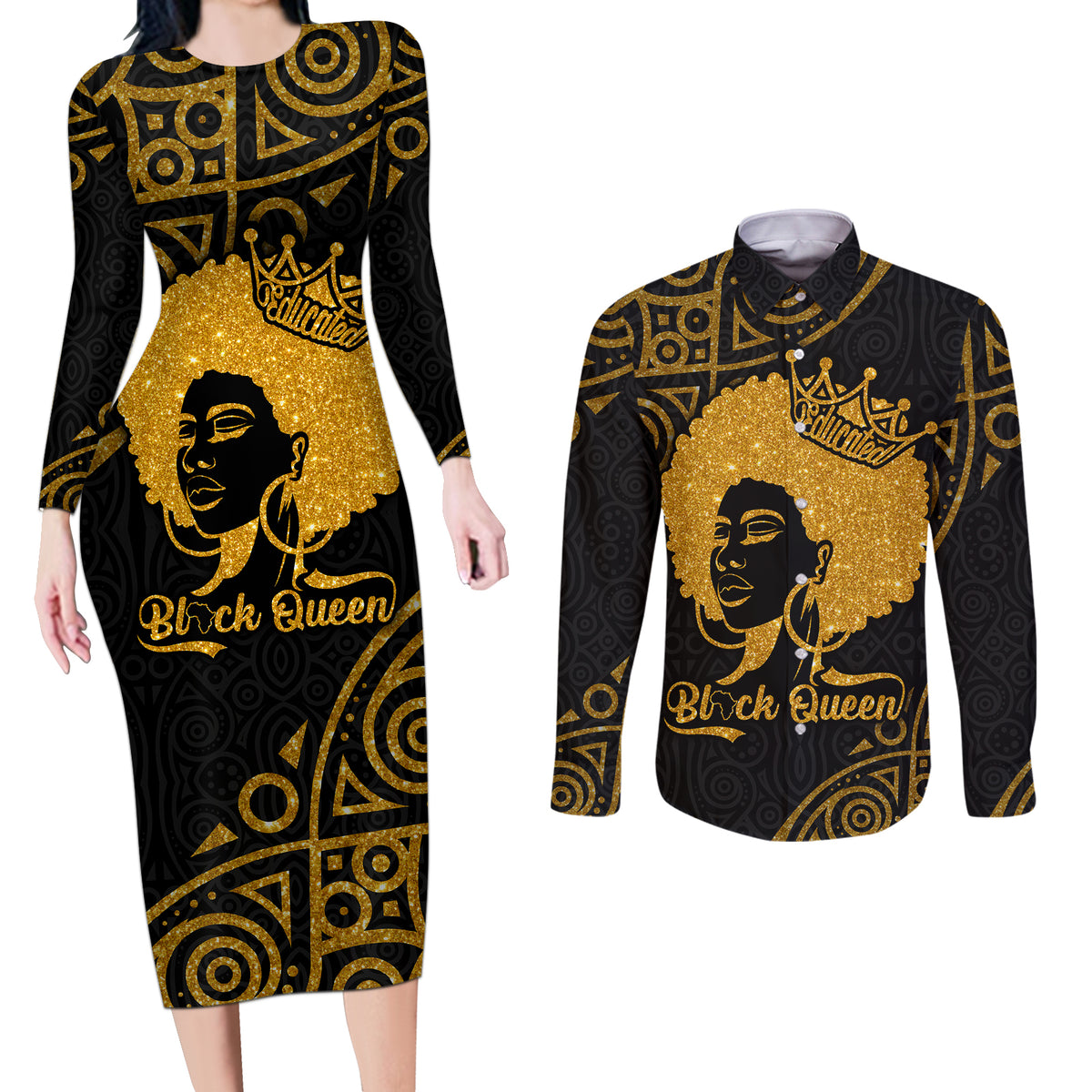 Educated Black Queen Couples Matching Long Sleeve Bodycon Dress and Long Sleeve Button Shirts African Women - Wonder Print Shop