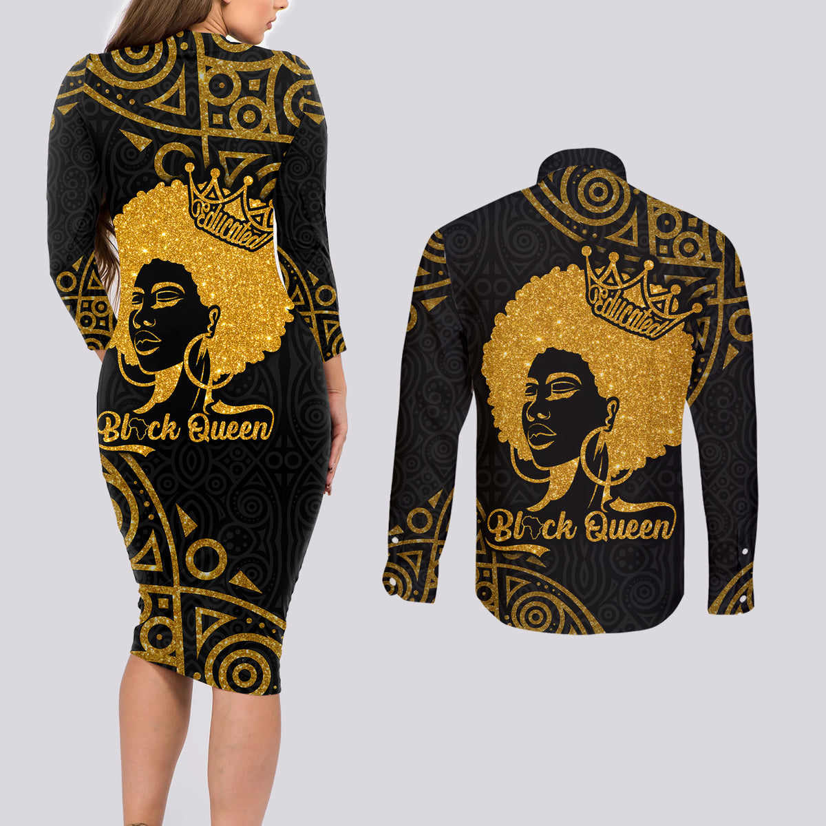 Educated Black Queen Couples Matching Long Sleeve Bodycon Dress and Long Sleeve Button Shirts African Women - Wonder Print Shop