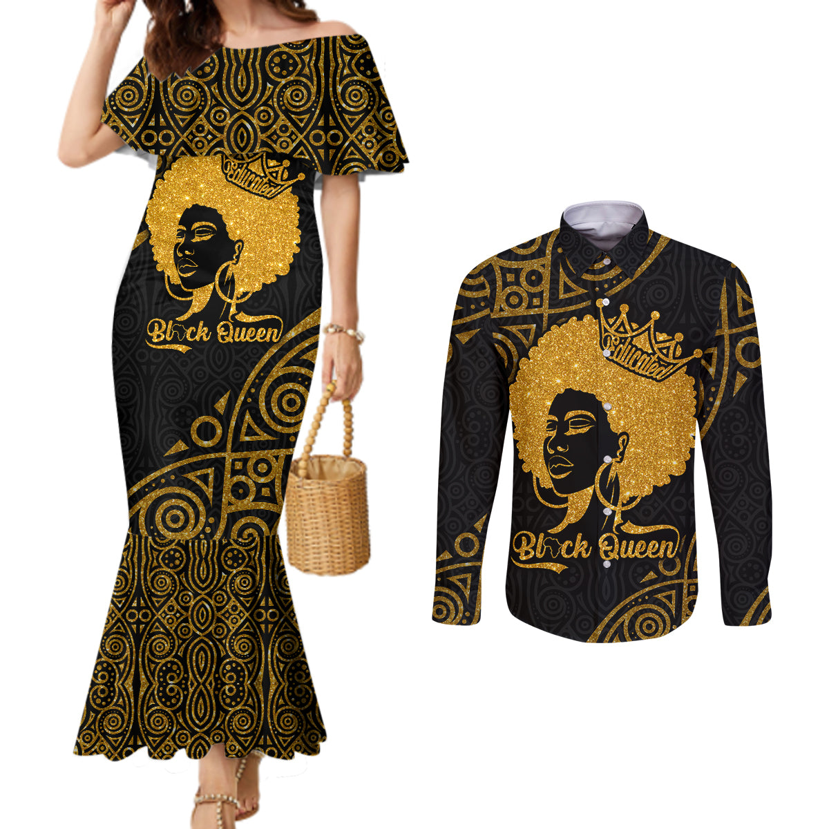 educated-black-queen-couples-matching-mermaid-dress-and-long-sleeve-button-shirts-african-women