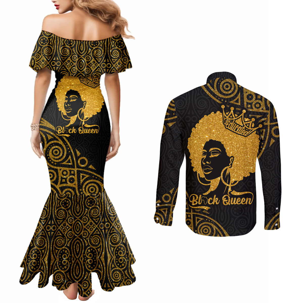 educated-black-queen-couples-matching-mermaid-dress-and-long-sleeve-button-shirts-african-women
