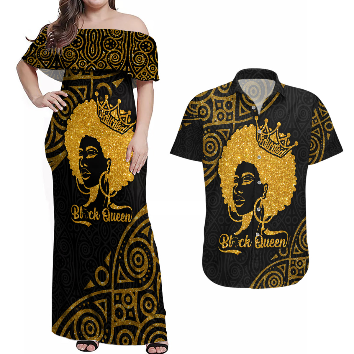 Educated Black Queen Couples Matching Off Shoulder Maxi Dress and Hawaiian Shirt African Women - Wonder Print Shop