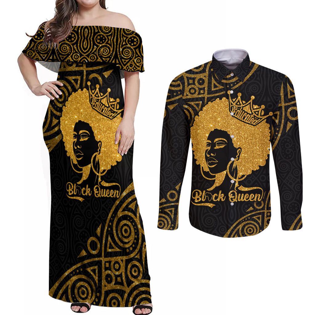 Educated Black Queen Couples Matching Off Shoulder Maxi Dress and Long Sleeve Button Shirts African Women - Wonder Print Shop